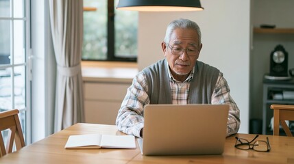 Fototapeta premium Concentrated senior man of asian descent participating in online activities at home using a laptop and notepad