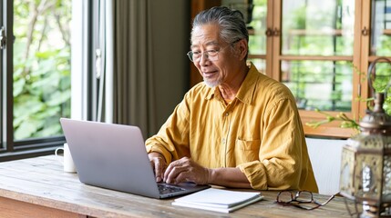 Fototapeta premium Senior asian man using laptop at home focused on technology for online communication and productivity