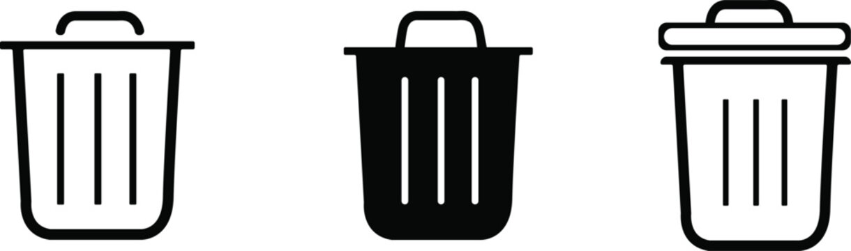 Trash Can and Delete Bin Icon Set in Outline and Solid Black Styles