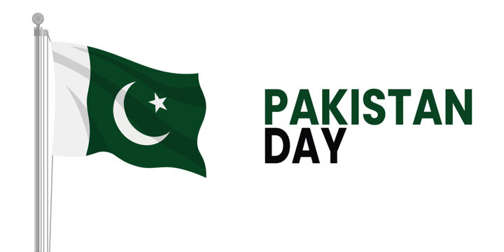 A green and white Pakistani flag waving on a pole next to Pakistan Day text