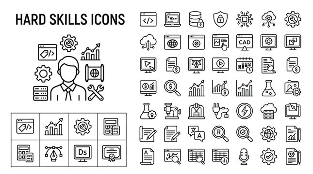Set of hard skills icons, professional expertise, business and technical proficiency