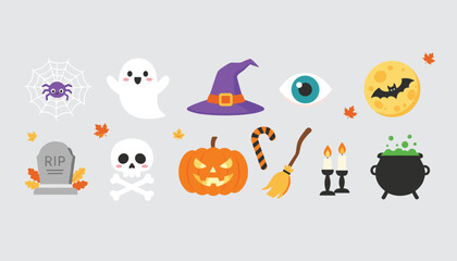 Fototapeta premium Collection of spooky cartoon Halloween icons including a skull pumpkin ghost tombstone witch hat and cauldron.
