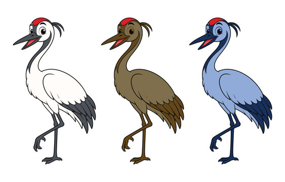 Crane bird illustration set in three distinct artistic styles
