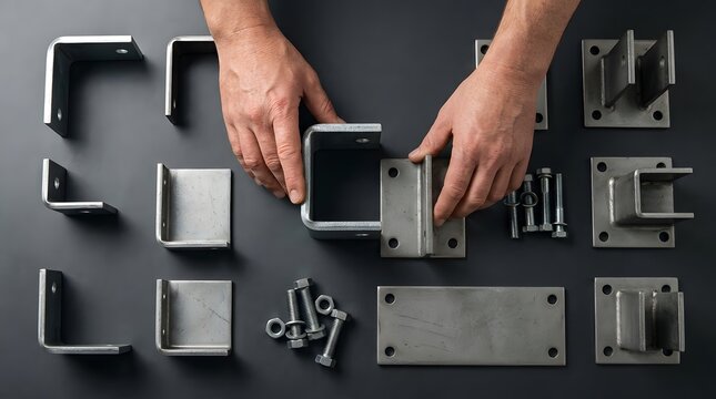 Hands assembling industrial metal hardware parts on a dark background.