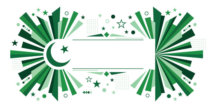 A vibrant green graphic design featuring a crescent moon and stars on a white background