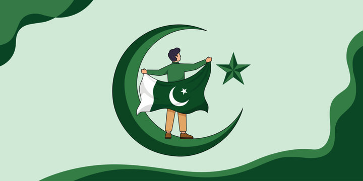 A cartoon man proudly holds the Pakistani flag on a crescent moon and star symbol