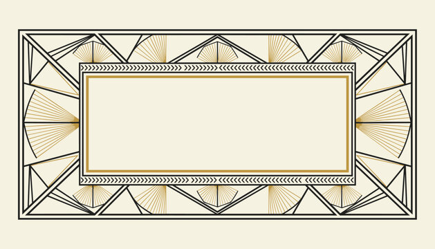 Elegant art deco style rectangular border with intricate geometric golden patterns on a cream background.