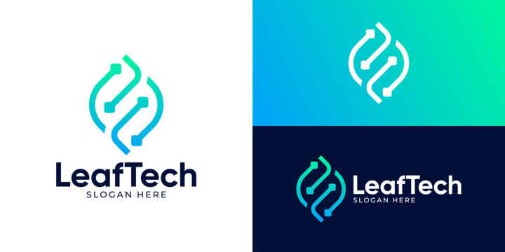 Creative simple leaf tech logo template. Modern abstract leaf with circuit or dot connection symbol logo design vector illustration.