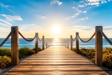 Fototapeta premium Wooden Deck Boards Lead Toward Bright Ocean Horizon Symbolizing Journey Opportunity and New Beginnings Concept