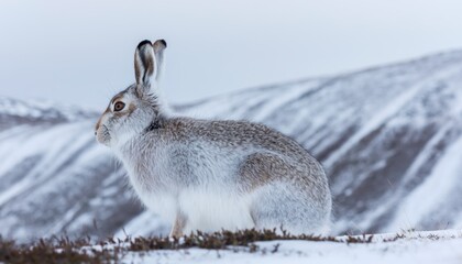 Naklejka premium Arctic hare standing in snowy mountain landscape in winter