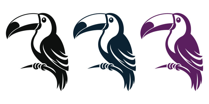 Three colorful toucan bird silhouettes perched on branches vector