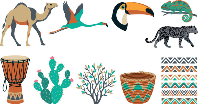 African Safari Wildlife and Tribal Element Set Featuring Camel Flamingo Toucan Leopard Chameleon Djembe Drum Cactus Basket and Ethnic Seamless Pattern Vector