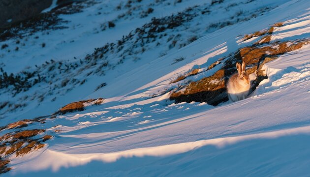 Mountain hare in winter snowlit alpine hillside at sunset