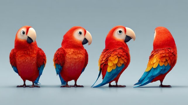 19.3D adorable cartoon parrot in different angles isolated on grey background
