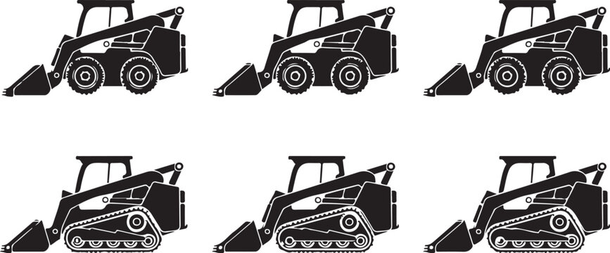 Six black skid steer loaders in different views