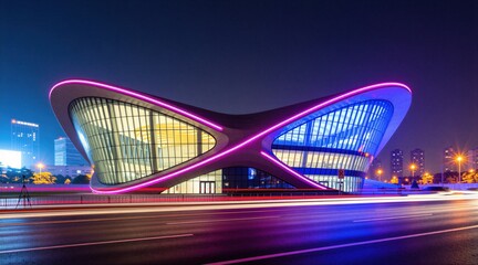 Naklejka premium Futuristic building exterior with curved glass facade at night city. Glowing pink neon lights outline architectural structure against dark sky. Urban road in foreground long exposure car motion