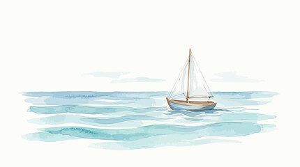 Fototapeta premium Watercolor Sailboat on Calm Blue Ocean Sea, Minimalist Nautical Illustration