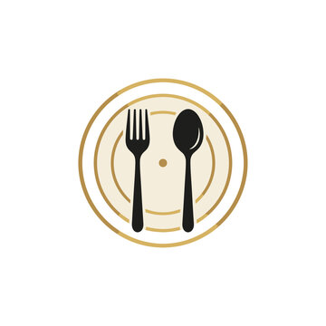 Minimalist fork and spoon on plate dining logo.