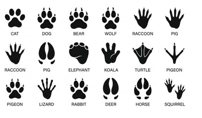 Animal Footprints Vector Set with Wild and Domestic Paw Prints, Claw Tracks and Foot Imprints Isolated on White Background © Siburoy