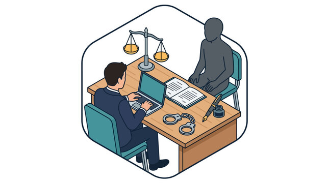 Isometric illustration of lawyer interviewing a suspect at a desk