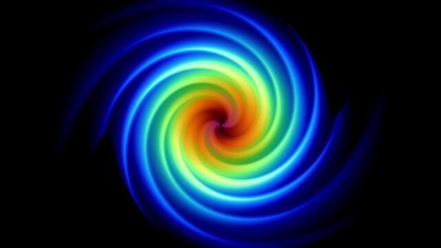 A single glowing blue spiral curls tightly inward toward a bright yellow center, swirling smoothly and softly against a plain dark black backdrop