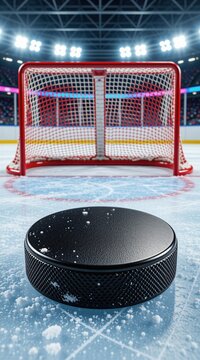 Black hockey puck sits on cold ice surface near red net goal. Professional indoor stadium arena glows with bright lights in background. Winter sport match competition starts now on frozen rink floor.