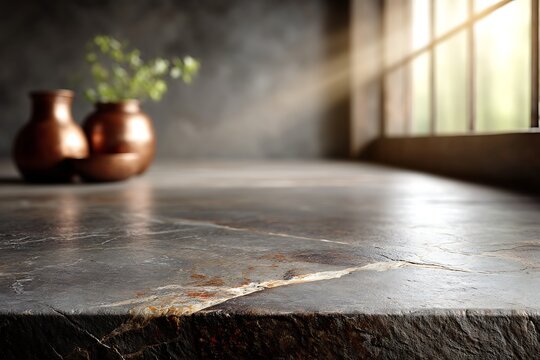 Calm and Inviting Interior Scene with Natural Light and Decorative Copper Vases on a Stone Surface