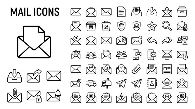 Set of mail and email line icons vector illustration of message, envelope, send, receive, trash, and contact symbols