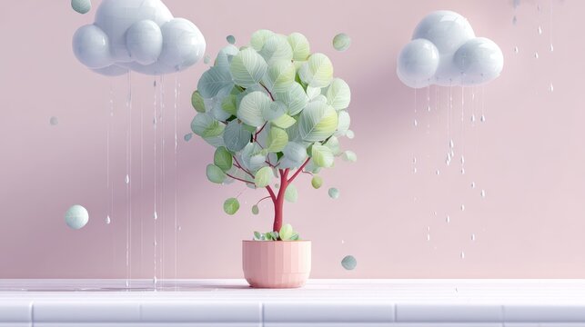 75.Charming front-facing 3D image showing small tree with glossy leaves, cartoon-like cloud above, delicate rain falling, clean white environment, pastel color palette, simplified rounded geometry,