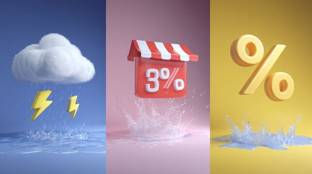 81.Catch the monsoon flash sale with bold 3D shopping visuals, lightning, raindrops, and discount offers