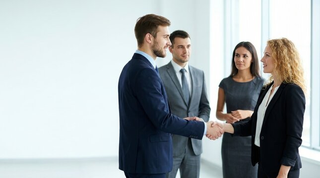 Successful business professionals shaking hands in a bright modern office after reaching an agreement with colleagues observing the corporate deal and partnership.