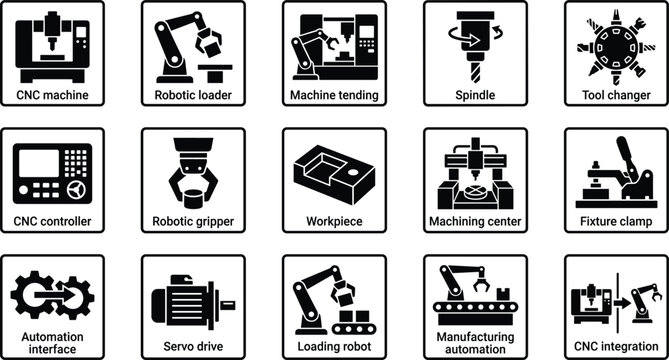 Set of cnc machining and industrial automation icons including robotic loader, spindle, tool changer, controller, gripper, workpiece, fixture clamp, and servo drive