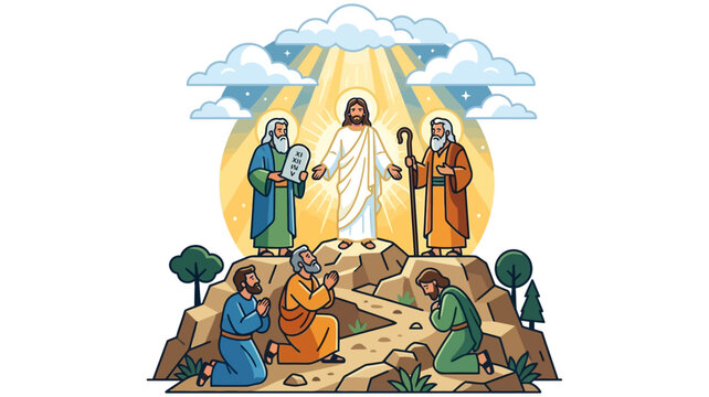 The Transfiguration of Jesus on the Mountain With Moses, Elijah and Kneeling Disciples in Glory