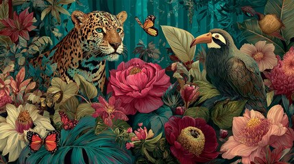 Fototapeta premium 95.Collage of rainforest wildlife including jaguar, sloth, exotic birds, butterflies, and blooming tropical flowers surrounded by layered foliage, deep emerald greens, intricate leaf textures,