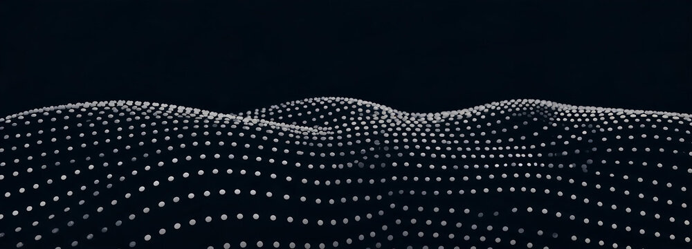 An abstract design featuring a dotted wave shape made of small white points on a dark backdrop, representing digital data and modern visuals.