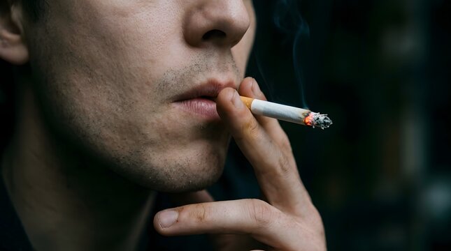 Close-up of a person smoking a cigarette, showing their mouth and hand.
