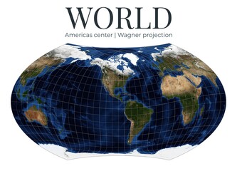World Map in Wagner Projection. Americas-centered view with detailed physical features. April View. Elements of this image furnished by NASA. © Eugene Ga
