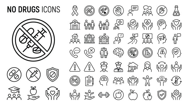Set of no drugs and healthy lifestyle line icons prevention of drug addiction, addiction treatment, healthy habits, medical care, and support symbols