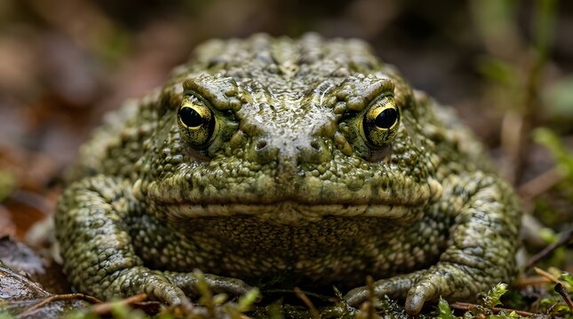 Close-up of a European green toad with textured skin and intense gaze.