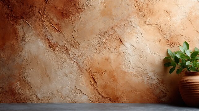 Warm Textured Wall with Natural Plant in Earthen Pot for Interior Design and Home Decoration Inspiration