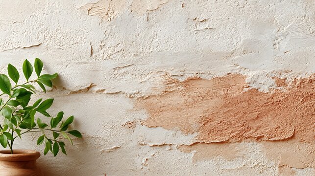 Natural Textured Wall with Earthy Tones and Green Foliage in a Minimalist Interior Design Setting