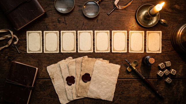 Flatlay of a mystery game workspace with blank cards, wax seals, antique books, and dice on a dark wooden table
