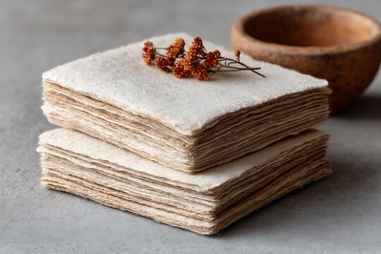 Stacked Handmade Paper Sheets with Dried Flowers and Decorative Bowl on Surface for Creative Projects