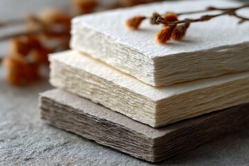 Fototapeta premium Textured Paper Stacks with Dried Flowers on Rustic Background for Creative Craft and Art Projects