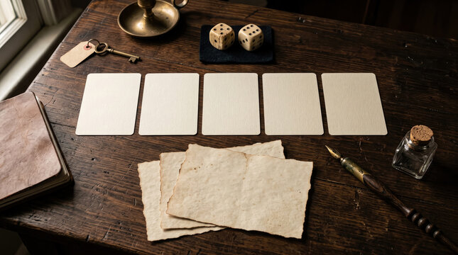 Top view of a mystery game setup with blank cards, dice, fountain pen, and antique paper on a dark wood desk.