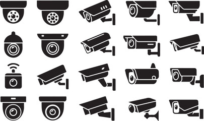 Collection of surveillance cameras in black and white vector icons © Soriyea