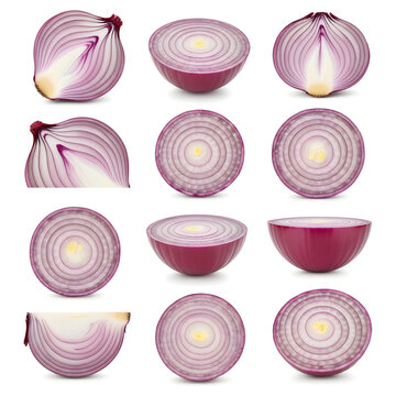 Cross-section views of purple onion layers and whole shapes isolated on white background