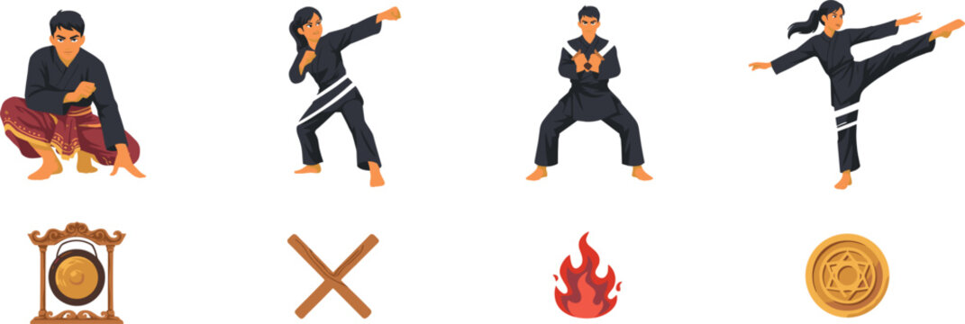 Pencak Silat Traditional Indonesian Martial Arts Set with Male and Female Fighters in Black Uniforms, Gong, Weapons, and Fire Vector Illustration