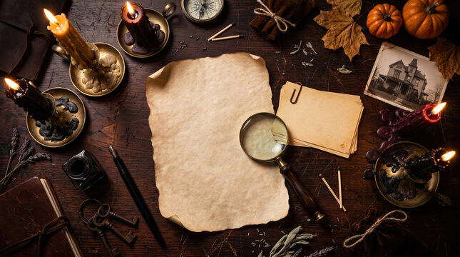 Halloween investigation desk with empty parchment, magnifying glass, candles, and small pumpkins on dark wood