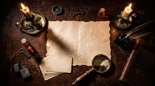Empty parchment paper on a dark wooden desk with candles, magnifying glass, and vintage keys for mystery theme